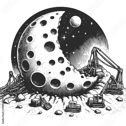 Charming scene of a cheese moon being carefully mined by small characters, showcasing creativity and whimsy.