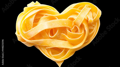 Close up of heart shaped nest of fettuccine pasta against a black background studio shot