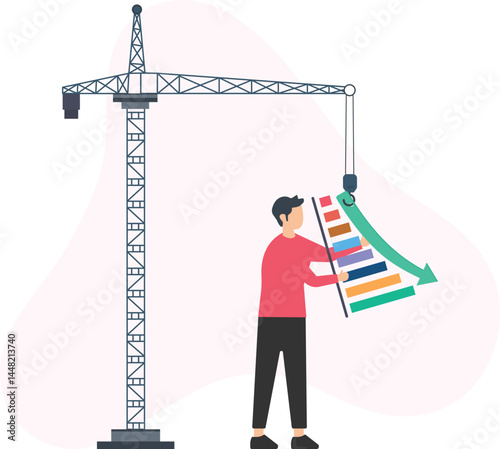 A construction engineer skillfully managing a decreasing graphic using a crane, illustrating the dynamic nature of the construction industry. The graphic symbolizes a downward trend, while the 