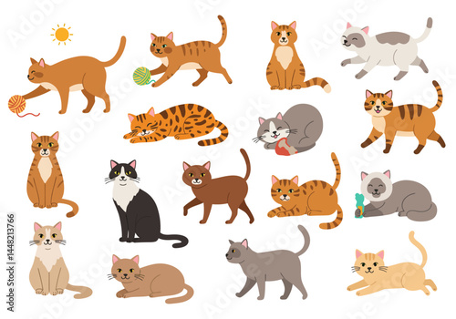 Playful Cartoon Cats Diverse Breeds and Colors in Various Poses