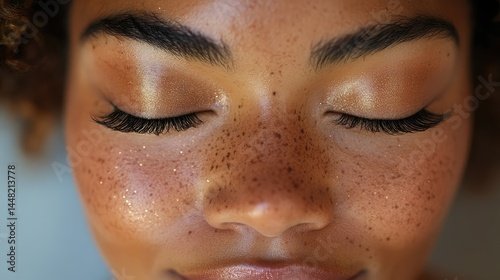 Close-up of a woman's serene face with freckles and subtle makeup