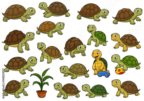Playful Cartoon Tortoises and a Potted Plant