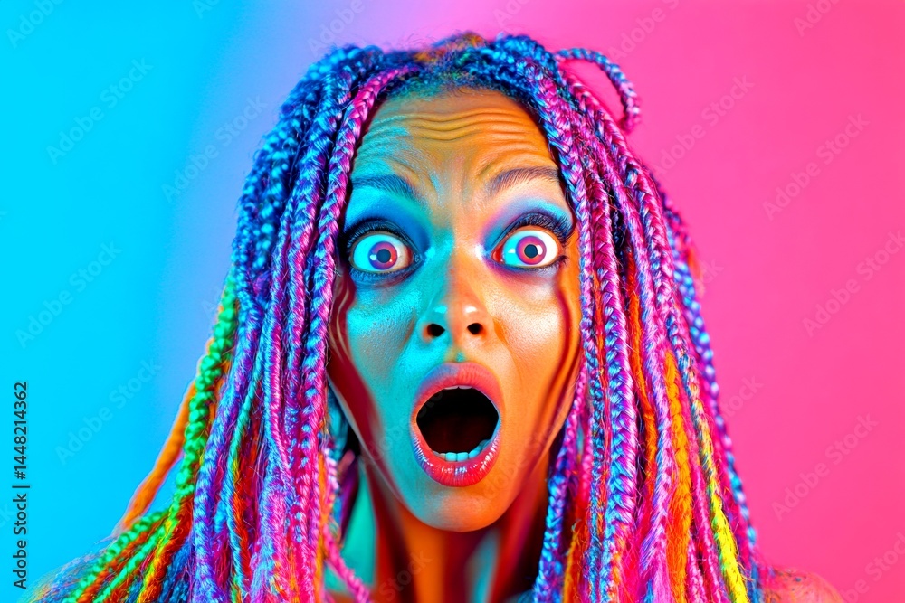 Attractive very shocked black girl - for ads, ad page and internet promotion use. Long coiffure - braids hair. Commercial digital ads creative pattern. Fashion with black elegance. Woman model.