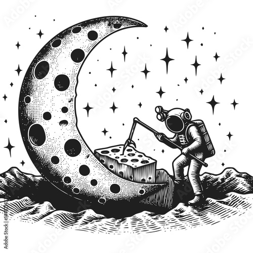 Playful artwork of a cheese-like moon being extracted, highlighting imaginative storytelling and surreal concepts.