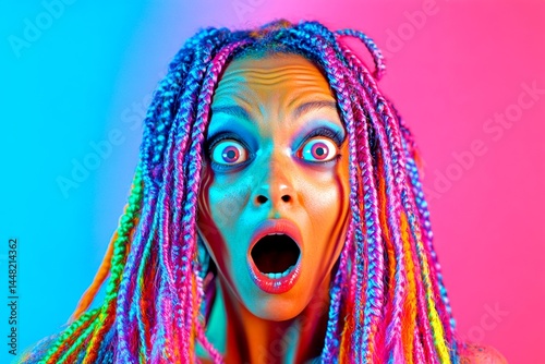 Obraz na płótnie Attractive very shocked black girl - for ads, ad page and internet promotion use. Long coiffure - braids hair. Commercial digital ads creative pattern. Fashion with black elegance. Woman model. w salonie