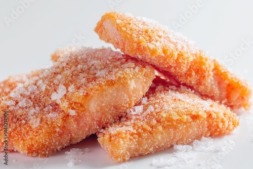 Zoomed in image of frozen breaded fish pieces on a white backdrop prepared for cooking