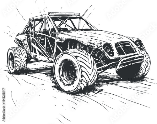 Black and white sketch of an offroad buggy car with large tires driving on rough terrain
