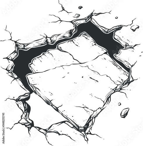 Black and white illustration of cracked ground with broken stone slabs and deep fractures on surface