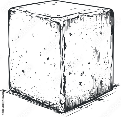 Detailed black and white sketch of a single sugar cube with textured surface isolated on white background