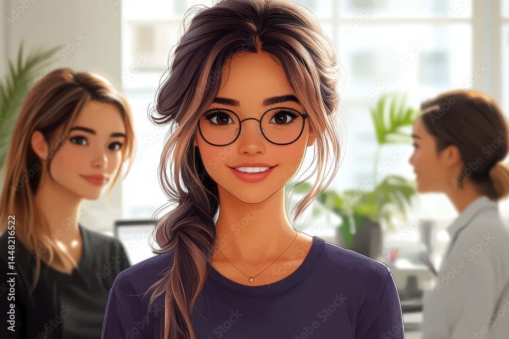 Smiling Woman with Glasses and Braid in Office Setting Digital Illustration Smiling Woman with Glasses and Braid in Office Setting Digital Illustration