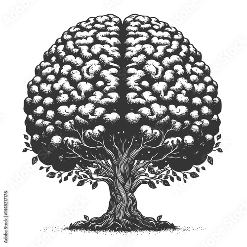 Whimsical illustration of a tree forming the shape of a brain, blending natural and intellectual elements.