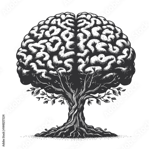 Artistic image of a tree sculpted into the shape of a brain, representing knowledge and organic creativity.