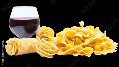 Still life featuring a glass of red wine and assorted pasta on a black background plain
