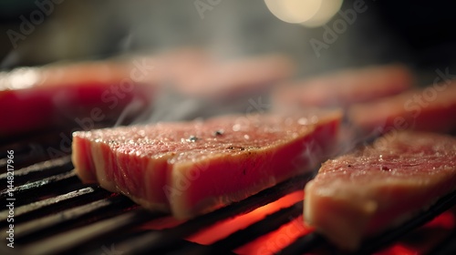 Juicy slices of fresh tuna fish being grilled on a hot barbecue with sizzling flames and aromatic smoke rising