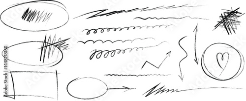 Set of sketchy shapes and underline elements Scrawls, highlights, hand drawn arrows, grunge lines, crayon scribbles, rough brush charcoal pen stroke, emphasis marks. Sketches of ellipse rectangle oval