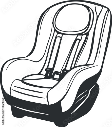Black and white illustration of a child car seat with safety harness for infant protection in vehicles