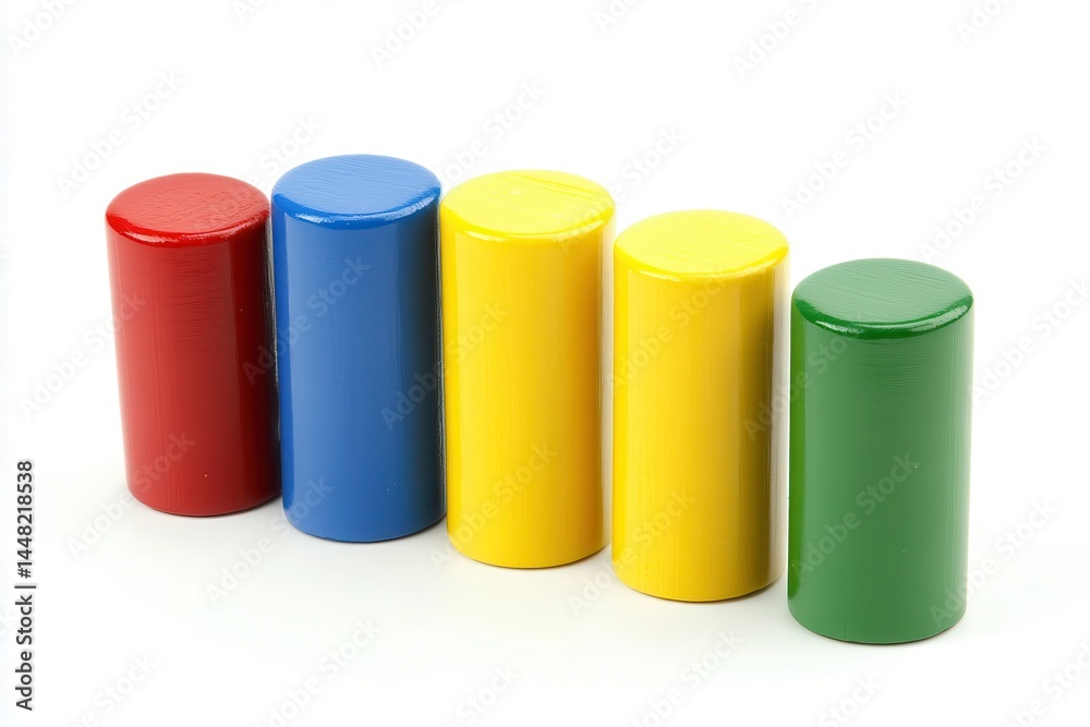 Colorful cylindrical blocks arranged in a line on a white background for educational use Colorful cylindrical blocks arranged in a line on a white background for educational use