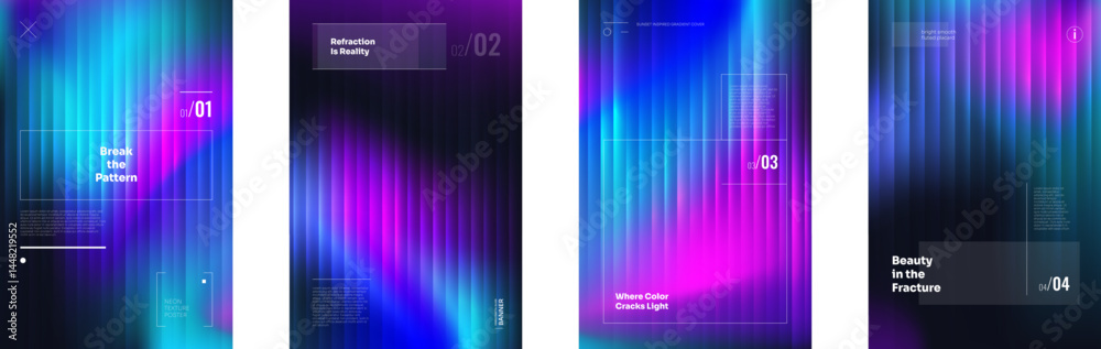 Neon fractal glass effect with fluid gradient and prismatic distortion. Wavy vertical lines, holographic colors and soft blur. Abstract futuristic vector background for UI, music or branding design.