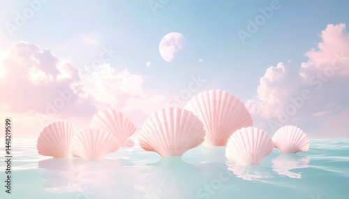 seashells floating on a still mint-colored ocean
