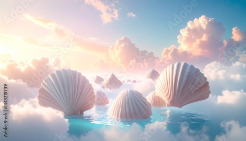 Giant ethereal pastel seashell islands surrounded by misty turquoise waters