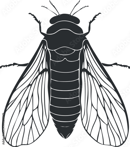 Black and white vector illustration of an insect with detailed wings and body, isolated on white background