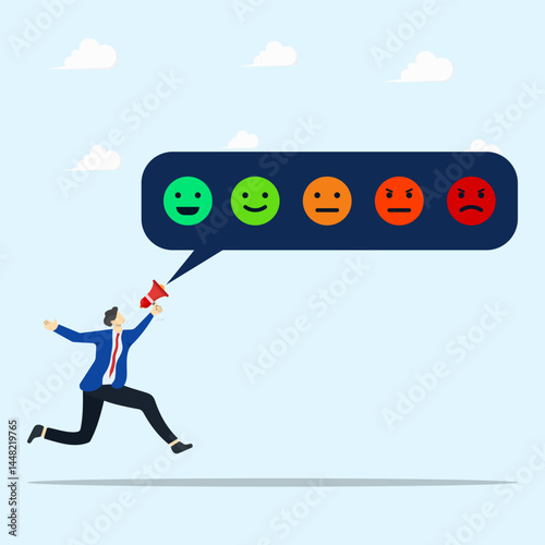 Businessman shouting with satisfaction emoticon. Service quality feedback, rating or opinion, user experience emoticon, angry or smile face review. Customer satisfaction survey concept. 