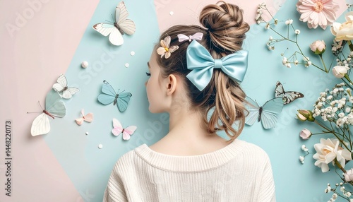 Woman from behind with pastel-colored ribbons on a solid-color background with soft lighting