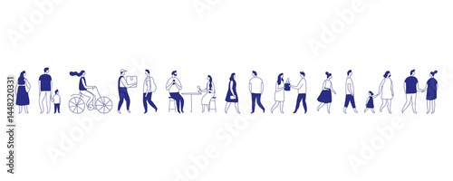 Minimalist line vector illustration of people crowd. Men, women, and children walking outdoors. Stylized faceless silhouettes in contour drawing style, isolated on white background