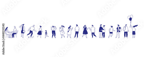 Background stylized people silhouette line vector set isolated on white. People crowd. Men and women, kids walking outdoor. Contour, drawing, people, character
