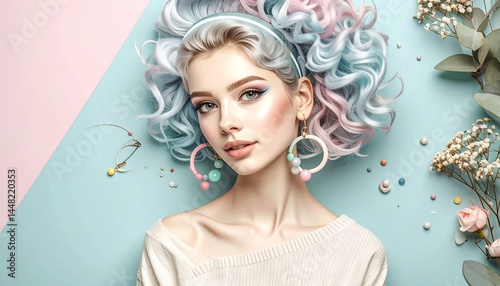 Young woman with pastel hair, blue background, soft lighting