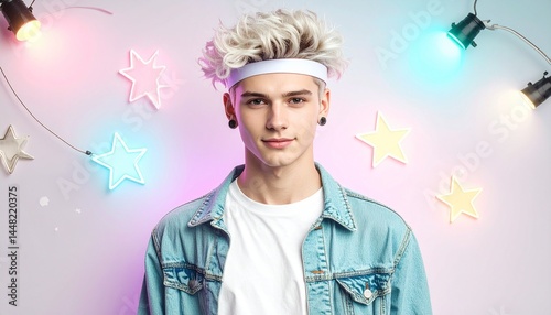 White man retro disco pastel colors portrait pink background neon lighting
