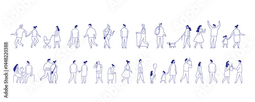 Minimalist line art vector of city crowd. Men, women, and children walking outdoors in urban lifestyle scene. Stylized contour faceless characters, isolated on white background.
