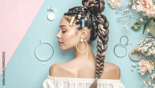 Woman from behind with braided hair in pastel colors, solid-color background, soft lighting