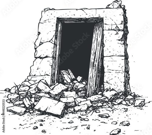 Black and white illustration of a ruined stone doorway surrounded by rubble and broken debris