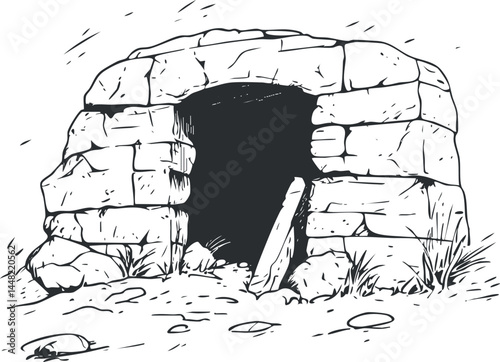 Black and white sketch of an ancient stone cave entrance with rough rock arch and surrounding grass