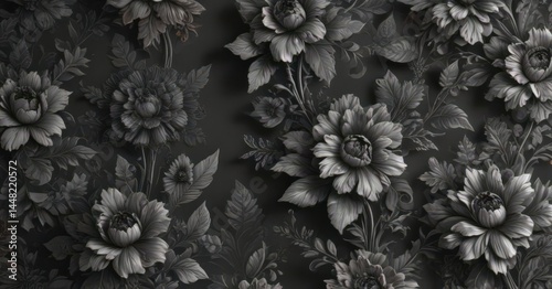 Intricate charcoal floral wallpaper, opulent texture , flourish, texture