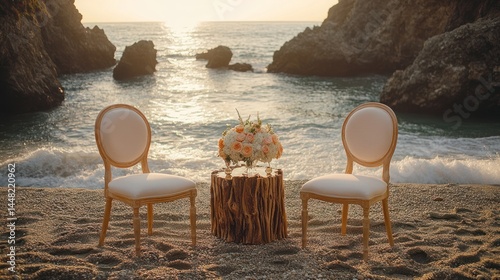 Romantic beach wedding setup with chairs, flowers, and ocean view at sunset.