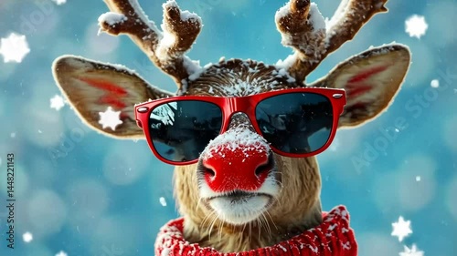 Festive reindeer with snowy antlers and red glasses in winter wonderland