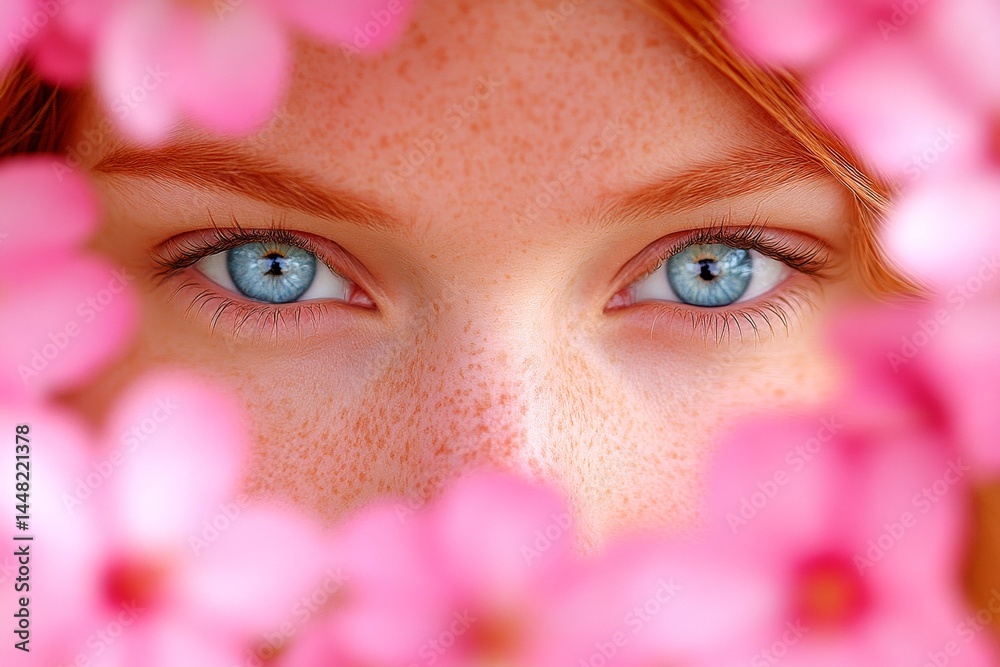 Gorgeous caucasian young woman surrounded by cherry blossoms. Commercial ad concept artwork art. Spring mood, dark night and warm mystic light - complementary lighting.