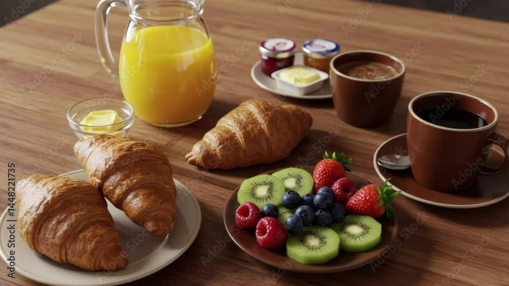 Breakfast table with tropical fruits, croissants, and coffee Breakfast table with tropical fruits, croissants, and coffee