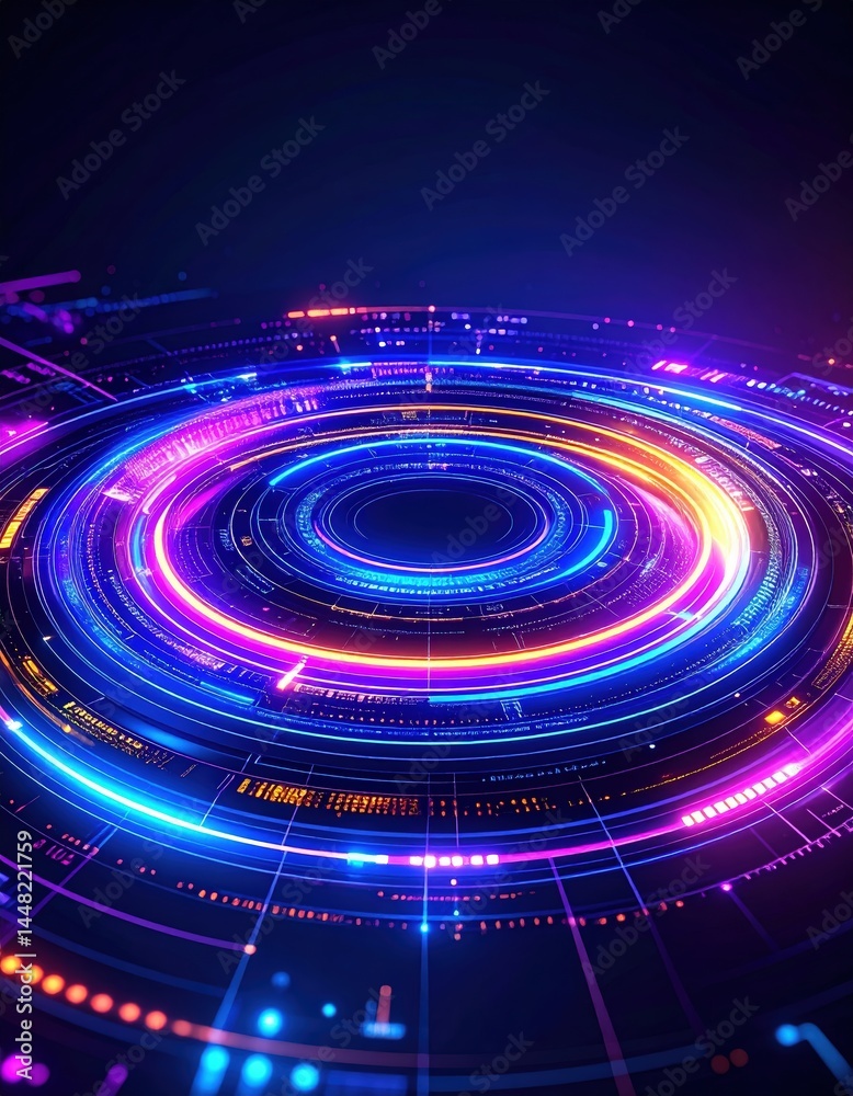 Obraz premium A vibrant abstract technology background featuring luminous glowing circles and dynamic neon lights, creating a futuristic and energetic atmosphere.