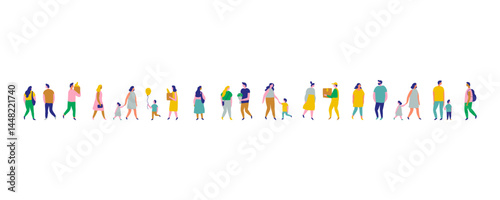 Background stylized people silhouette flat vector set isolated on white. People crowd. Men and women, kids walking outdoor