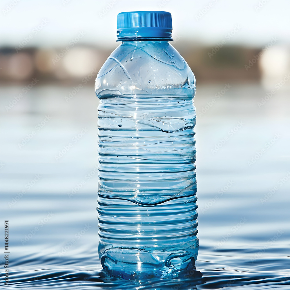 Plastic water bottle in ocean; refreshment, hydration, summer, beach background; website, blog, advertising Plastic water bottle in ocean; refreshment, hydration, summer, beach background; website, blog, advertising