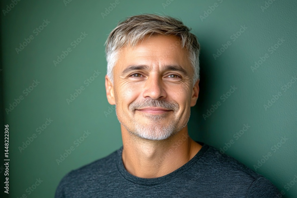 Green solid background. A glowing and peaceful man expressing warmth. Visual idea of style for aging men. Fashionable men's crew cut haircut - midlife white man with blond hair.