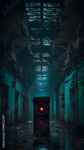 Mysterious red light box in a dark, abandoned hallway; post-apocalyptic setting; concept art for a dystopian film or game