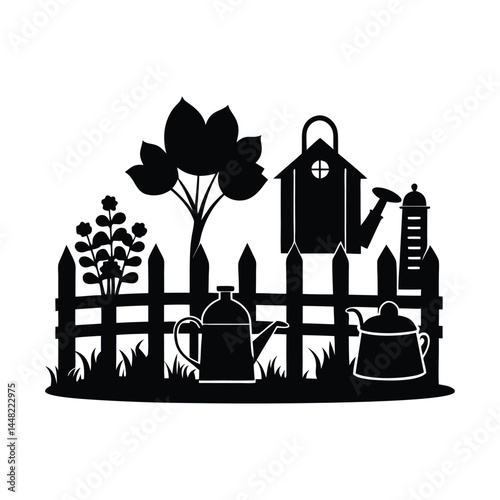 Rustic Countryside Garden Silhouette Vector with Fence and Plants