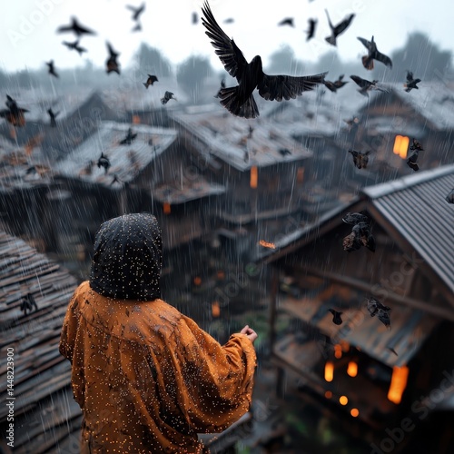A surreal scene of glowing rain nourishing a starving village, Symbolic Sci-fi, Ethereal Blues and Whites, Digital Collage, emotional depth.