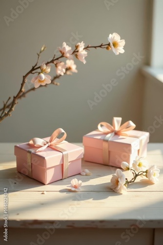 Delicate pink gift boxes adorned with elegant ribbons, nestled amongst blossoming branches in soft sunlight on a light wooden surface