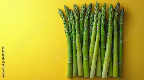 Fresh green asparagus spears arranged on yellow background.