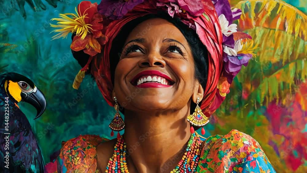 Colorful celebration: joyful woman with bright tropical birds in vivid forest setting